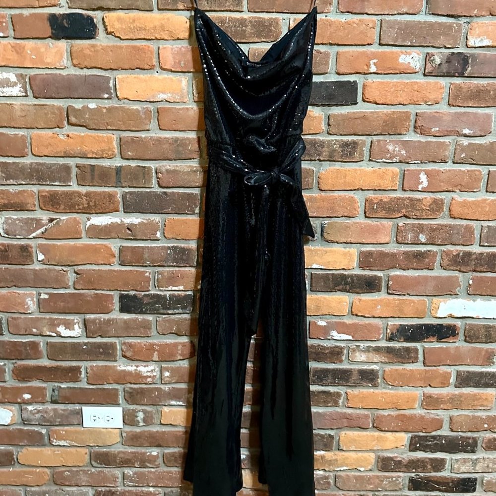 White House Black Market Black Strapless Sequin Belted Jumpsuit Size Small